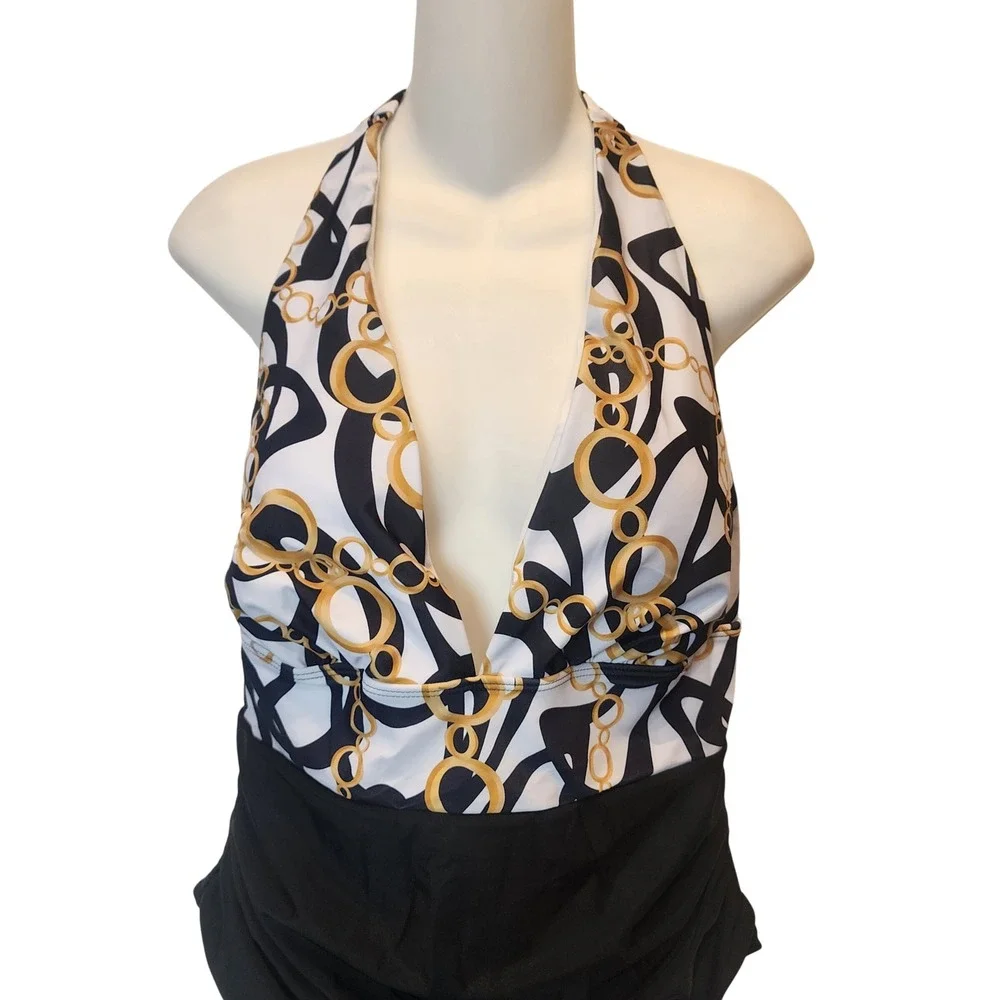 One Piece Swimsuit Womens XXL Black‎ Gold Chain Link Halter Ruched Plunge